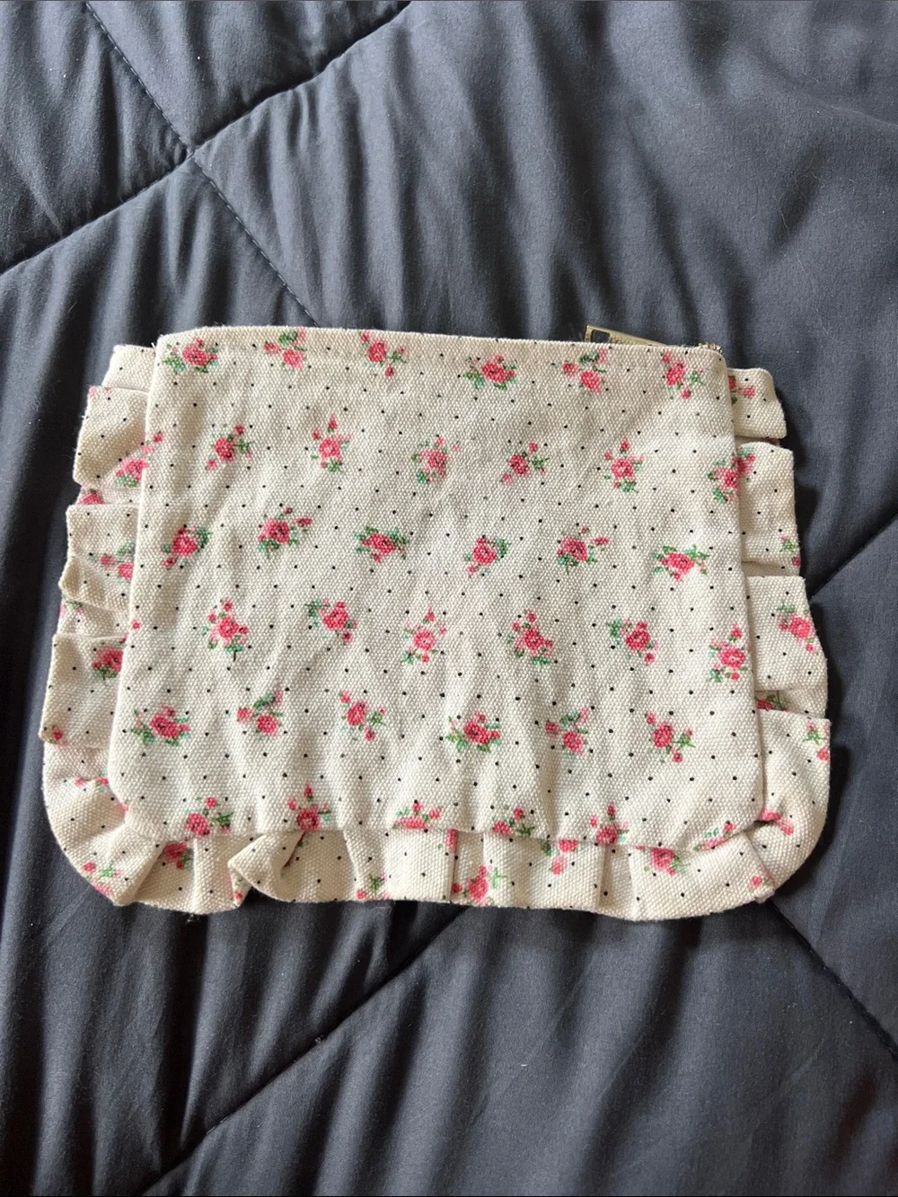Sézane Floral Ruffle Canvas Pouch in Cream and Pink 8x6.5